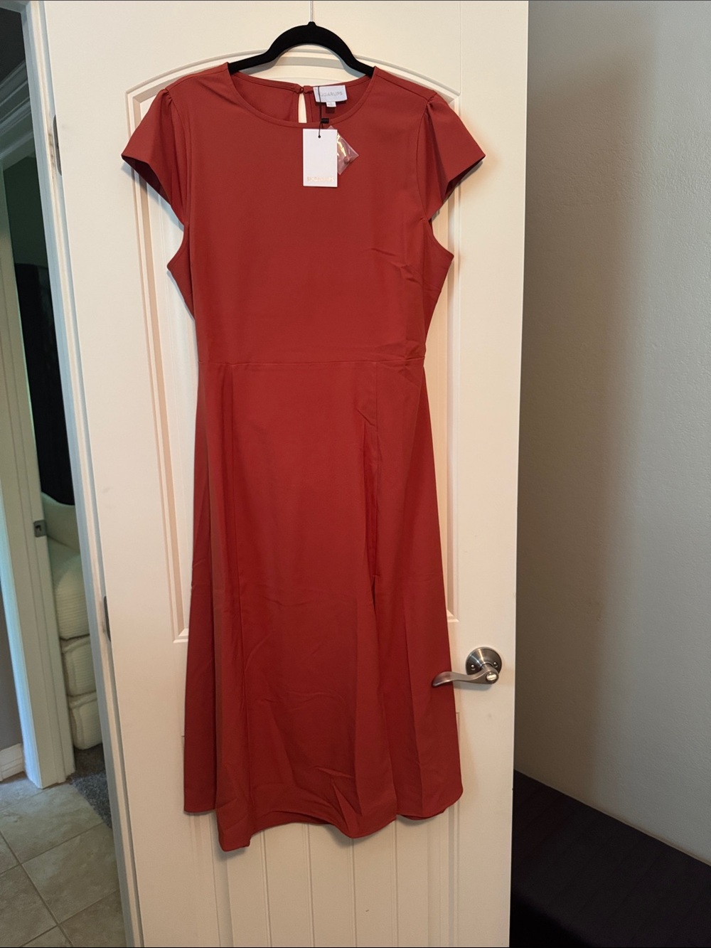Sugarlips Brick Red Midi Dress with Cap Sleeves